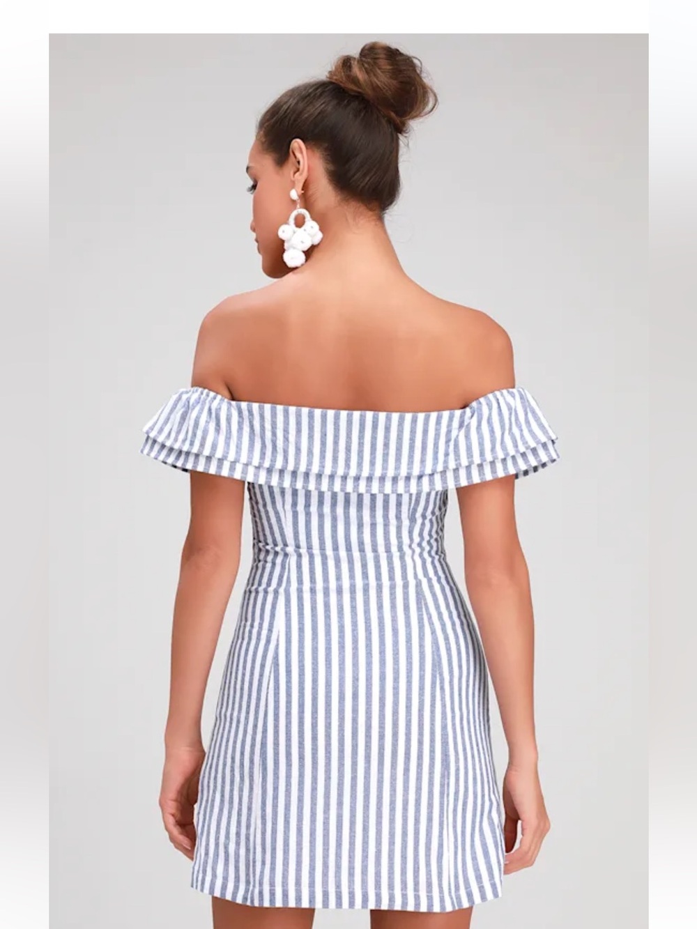 Lulus Seaside Skipper Blue Striped Off-the-Shoulder Mini Dress size SM new - Picture 2 of 6